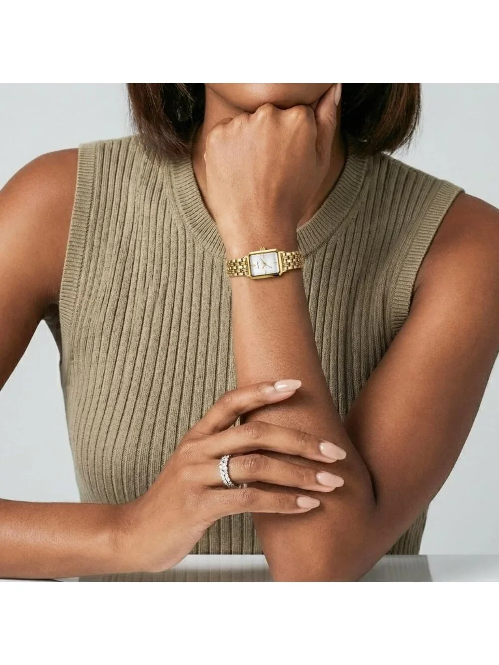 Women's Gold White Two Tone Rectangular Stainless Steel Bracelet Wrist Watch